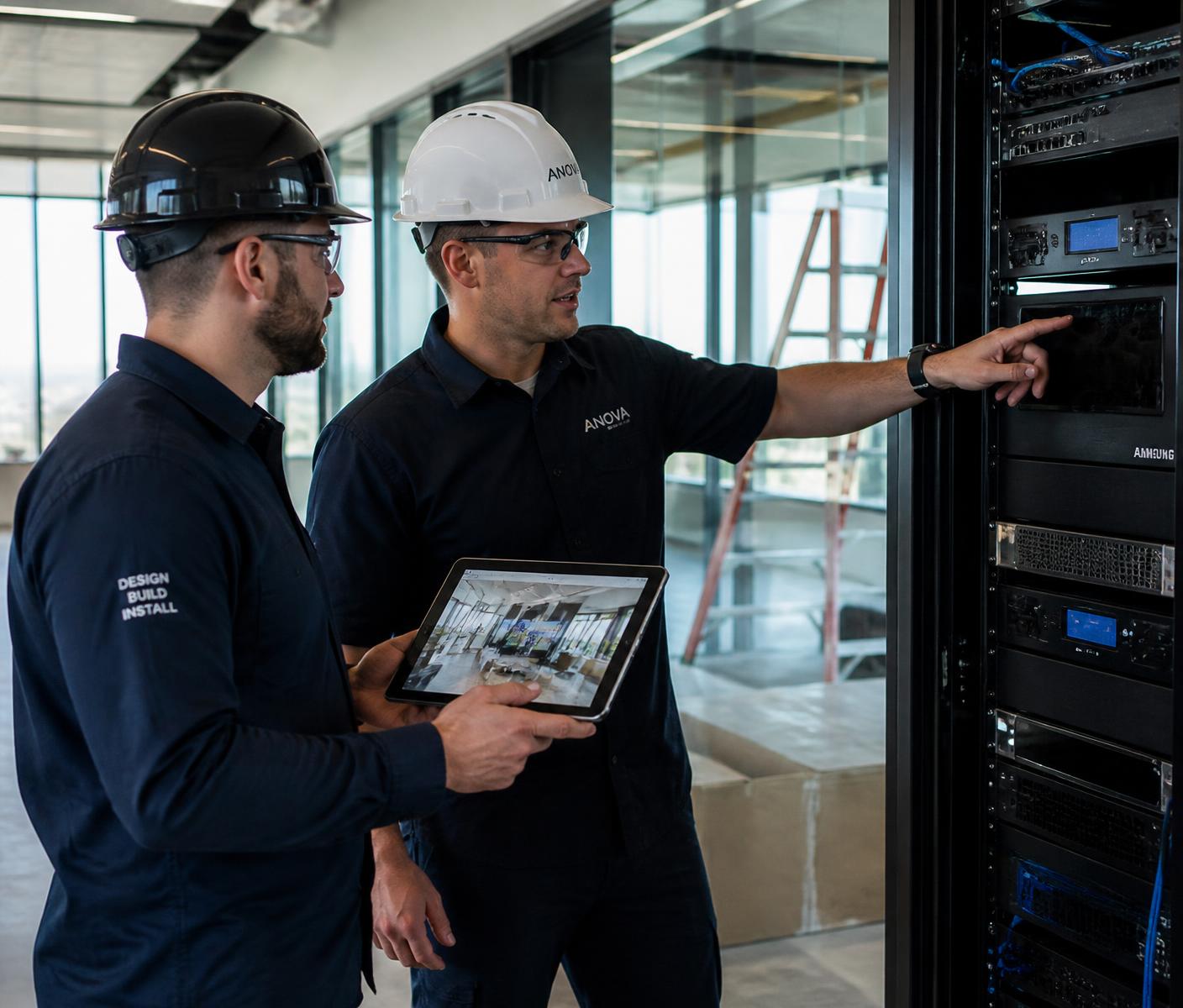 AV technicians documenting a rack installation on a tablet at a commercial jobsite